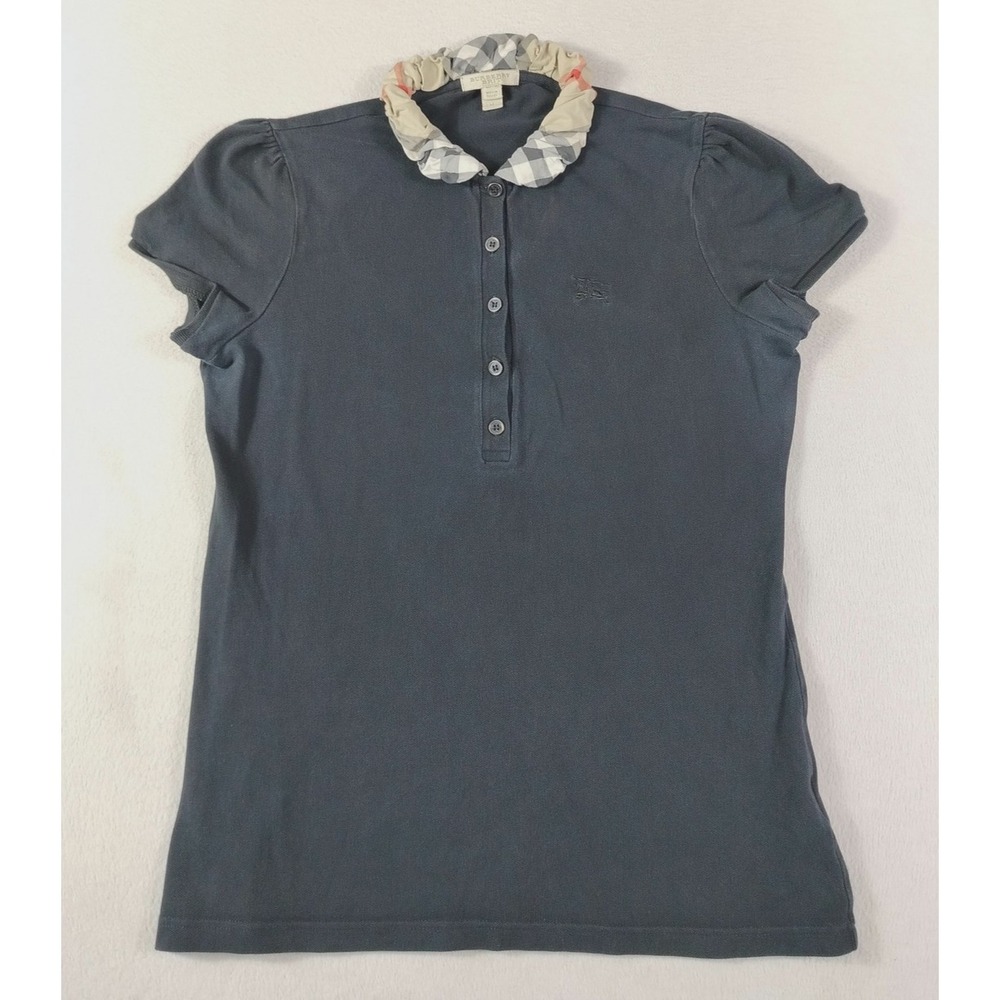 Burberry Brit Polo Shirt Womens Medium Black Plaid Ruffle Collar Logo Stretch